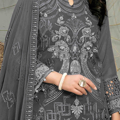 Dark Grey Floral Embroidered Heavy Georgette Dress Material