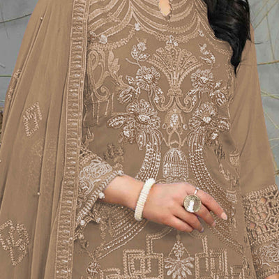 Brown Floral Embroidered Heavy Georgette Dress Material