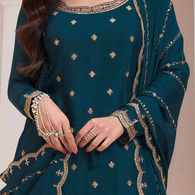 Dark Teal Floral Sequins Embroidered Chinon Palazzo Suit