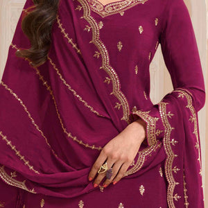 Dark Magenta Floral Sequins Embroidered Chinon Palazzo Suit
