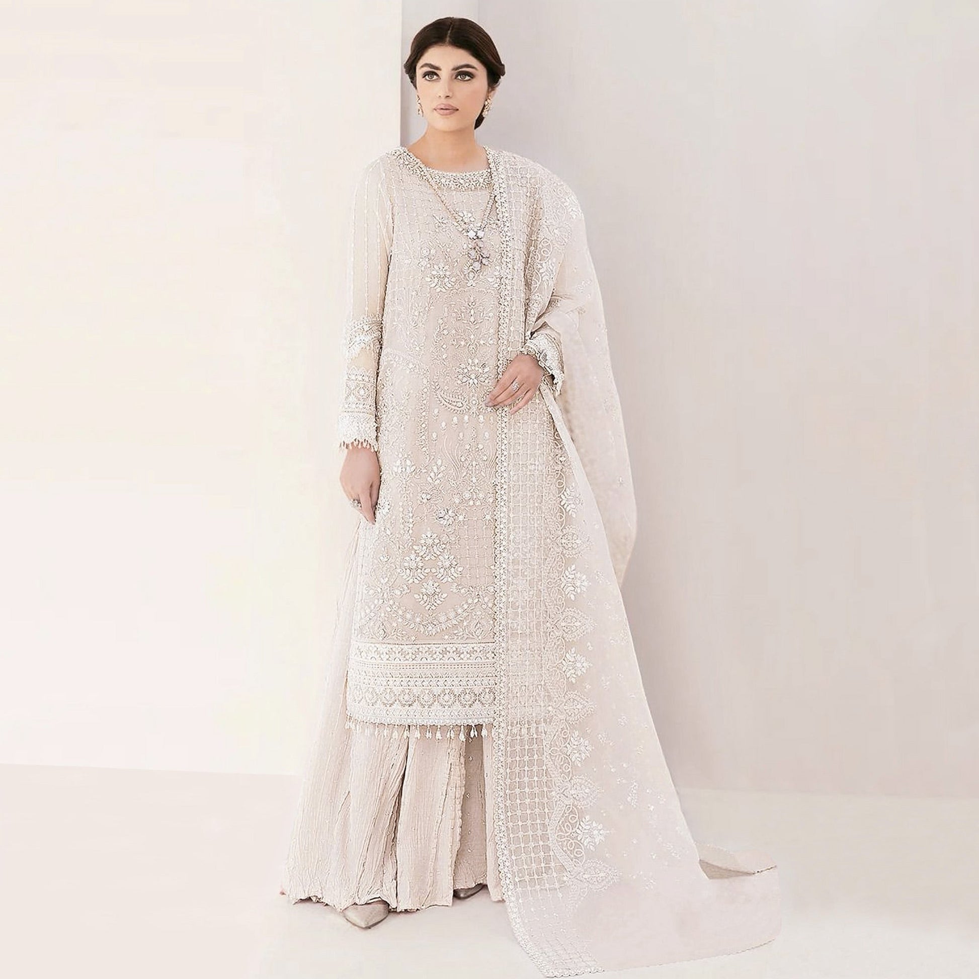 Cream Sequins Embroidered Georgette Sharara Suit