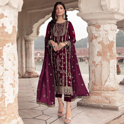 Maroon Floral Sequins Embroidered Georgette Semi Stitched Suit