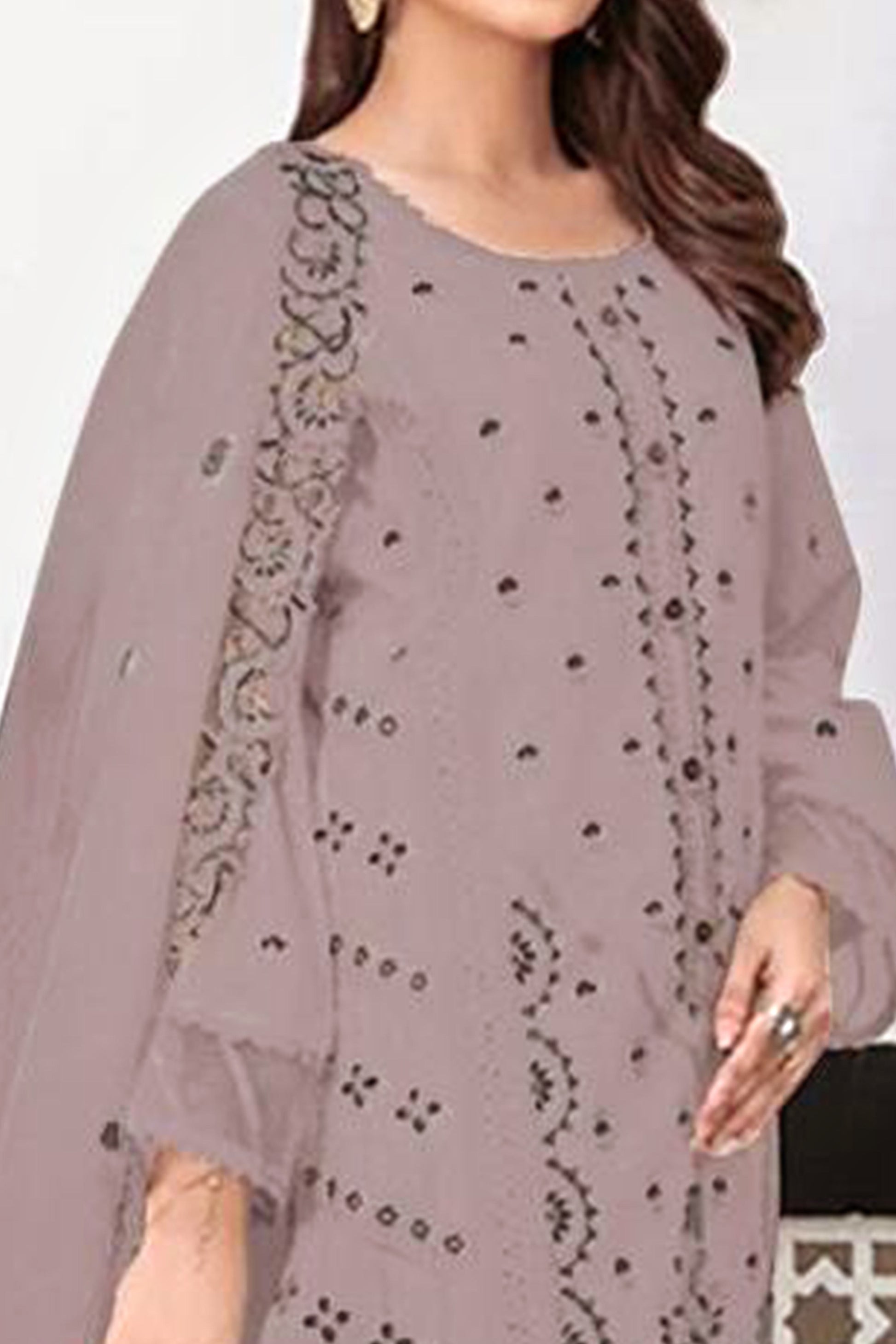 Dusty Mauve Heavy Embroidered Work Georgette Dress Material