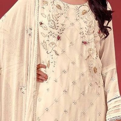 Cream Heavy Embroidered Work Georgette Dress Material