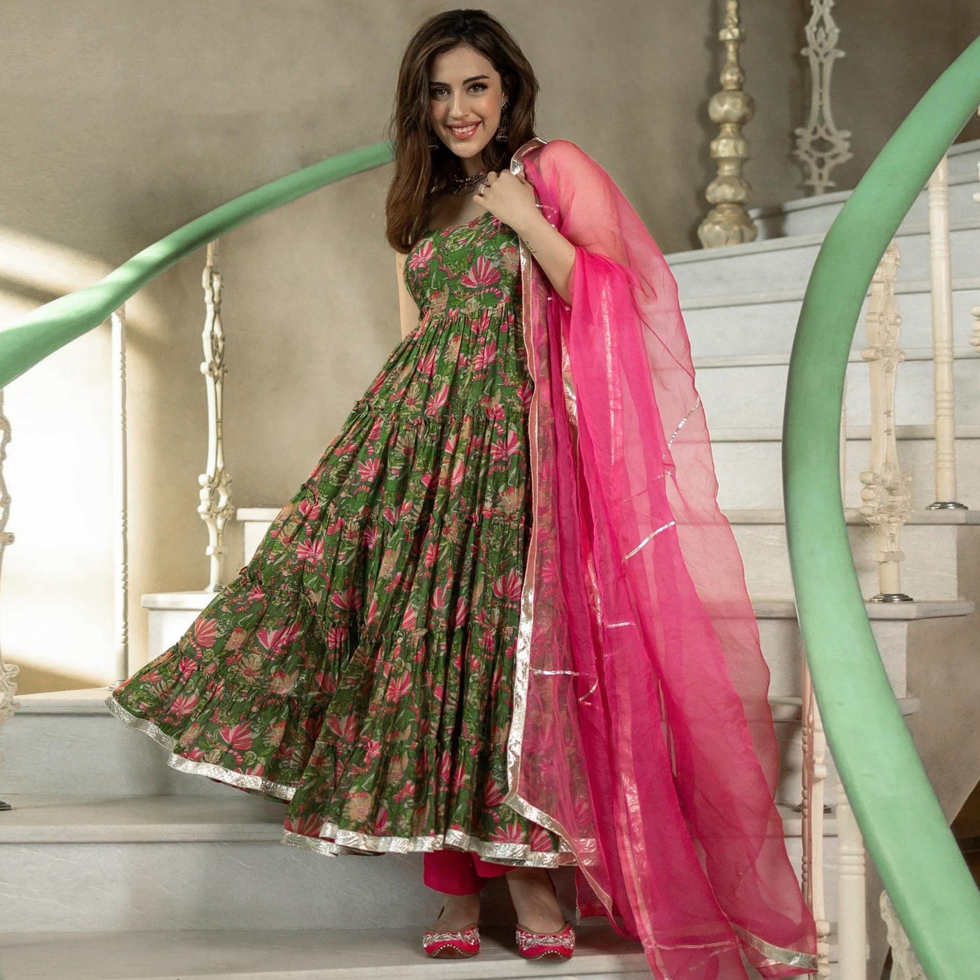 green-floral-digital-printed-chanderi-anarkali-style-suit