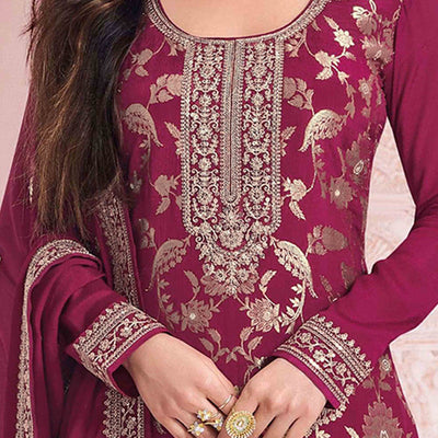 Magenta Weaving With Sequins Work Dola Silk Dress Material