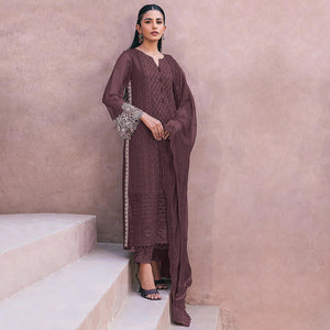 Brown Sequins Embroidered Georgette Dress Material