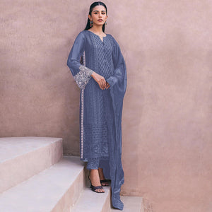 Bluish Grey Sequins Embroidered Georgette Dress Material