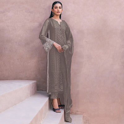 Dusty Grey Sequins Embroidered Georgette Dress Material