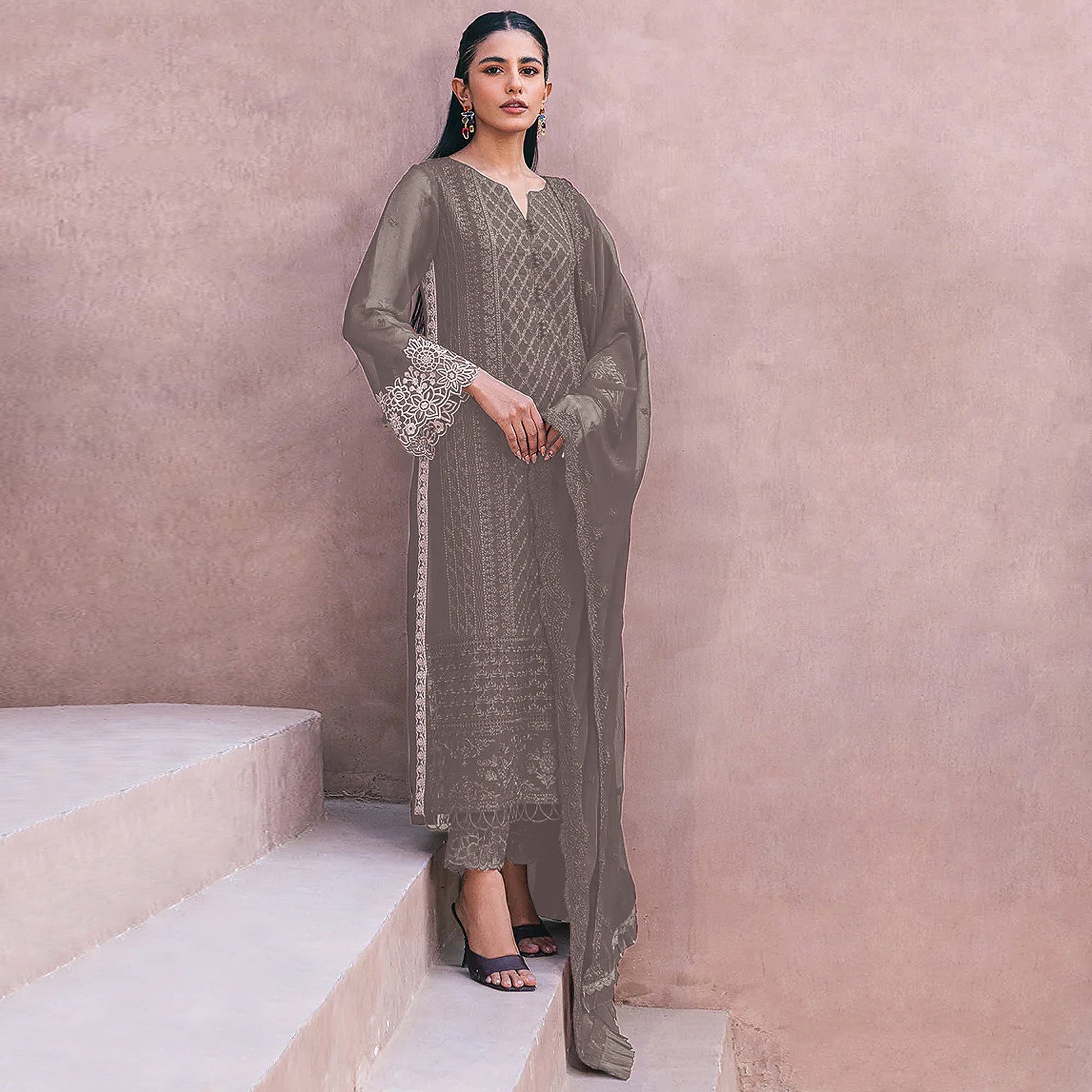 Dusty Grey Sequins Embroidered Georgette Dress Material