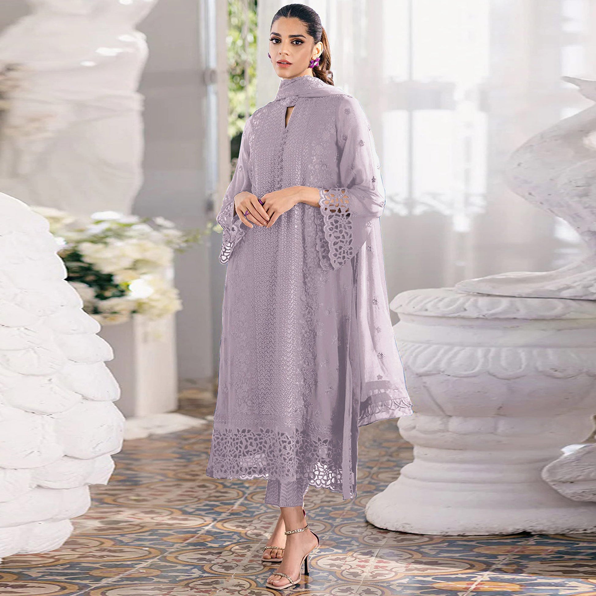 Dusty Purple Sequins Embroidered Georgette Dress Material