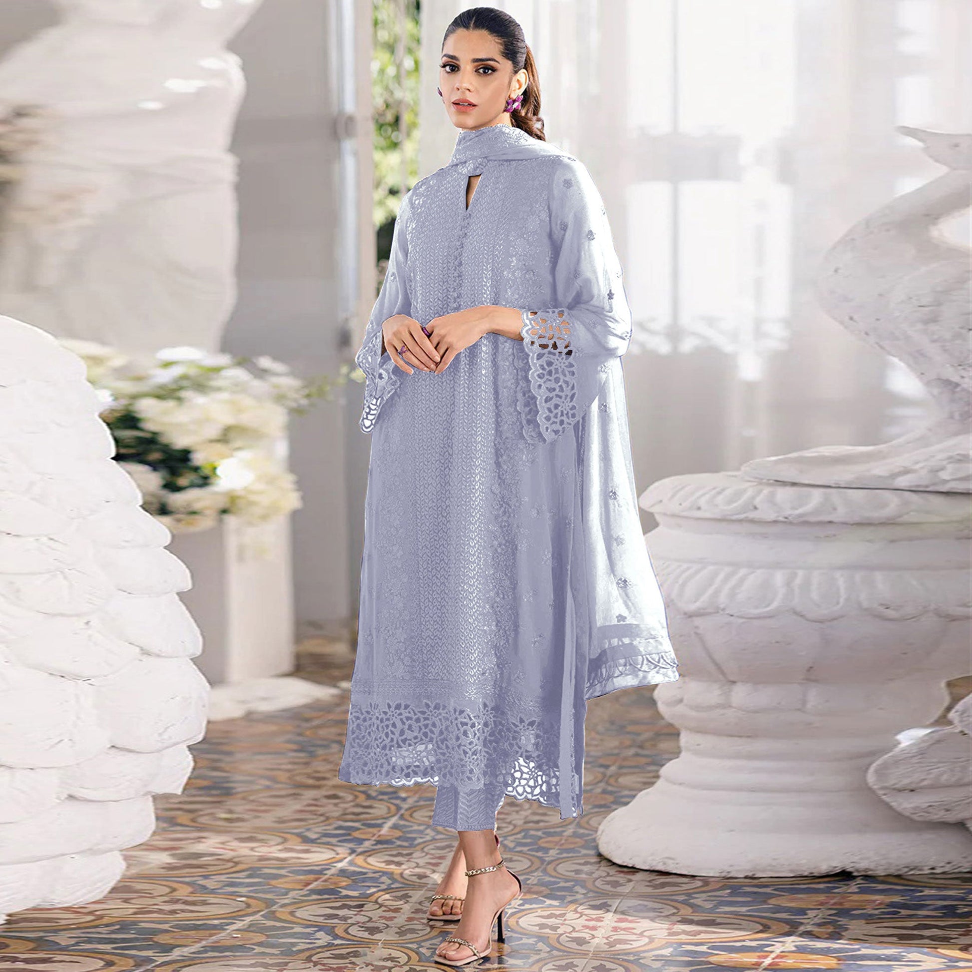Dusty Lavender Sequins Embroidered Georgette Dress Material