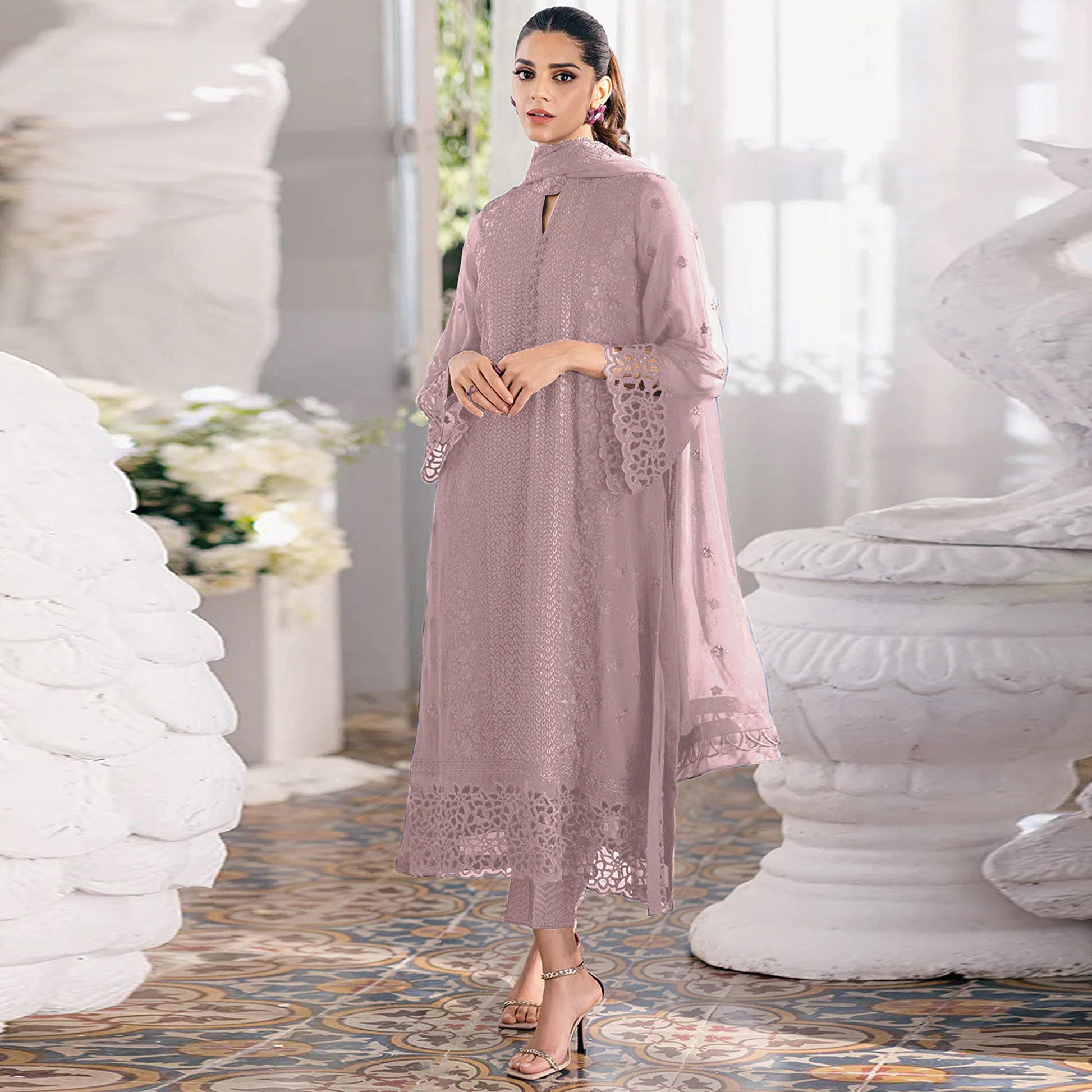 Misty Rose Pink Sequins Embroidered Georgette Dress Material
