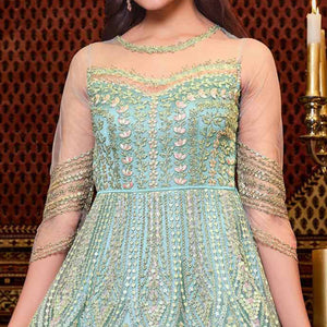 Cyan Blue Embroidered Heavy Net Semi Stitched Anarkali Suit