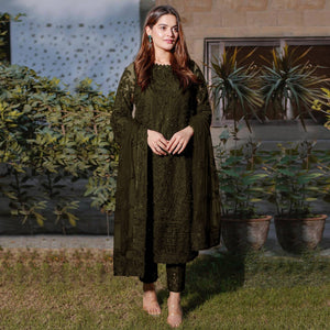 Mehandi Green Embroidered Georgette Semi Stitched Pakistani Suit