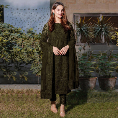 Mehandi Green Embroidered Georgette Semi Stitched Pakistani Suit