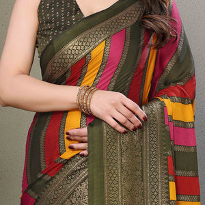 Mehendi Green Striped Foil Printed Moss Satin Saree Saree With Tassels