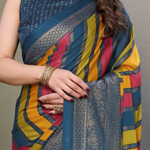 Morpich Striped Foil Printed Moss Satin Saree Saree With Tassels