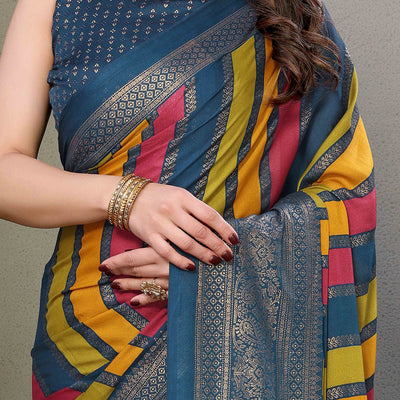 Morpich Striped Foil Printed Moss Satin Saree Saree With Tassels