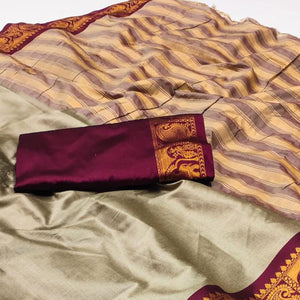 Chikoo Woven Cotton Silk Saree With Tassels