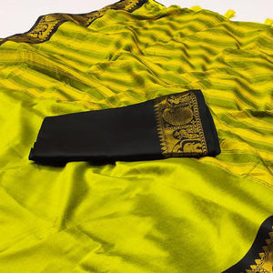 Lemon Yellow Woven Cotton Silk Saree With Tassels