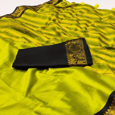 Lemon Yellow Woven Cotton Silk Saree With Tassels