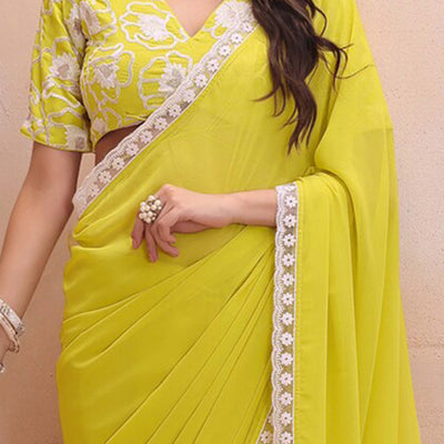 Lemon Yellow Solid Georgette Saree With Embroidered Border