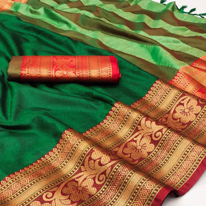 Bottle Green Floral Woven Cotton Silk Saree With Tassels