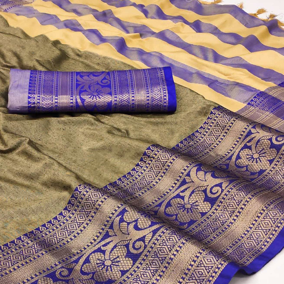 Chikoo Floral Woven Cotton Silk Saree With Tassels