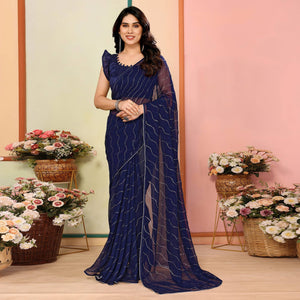 Navy Blue Swarovski Work Embroidered Georgette Saree