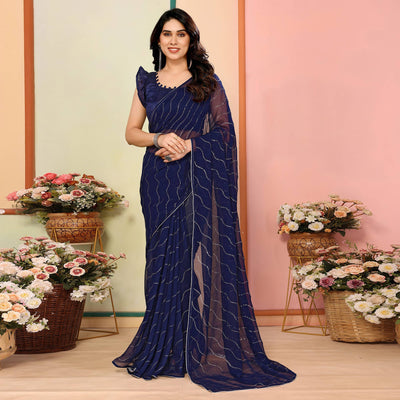 Navy Blue Swarovski Work Embroidered Georgette Saree