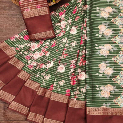 Bottle Green Floral Digital Printed Cotton Silk Saree
