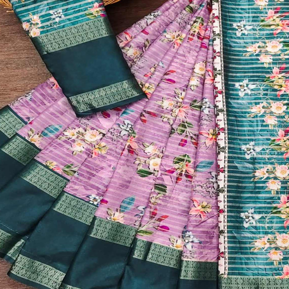 Lavender Floral Digital Printed Cotton Silk Saree