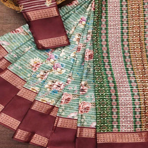 Mint Green Floral Digital Printed Cotton Silk Saree