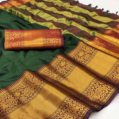Bottle Green Woven Cotton Silk Saree With Tassels