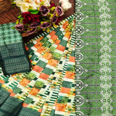 Bottle Green Floral Digital Printed Cotton Silk Saree