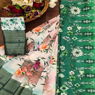 Dark Green Floral Digital Printed Cotton Silk Saree