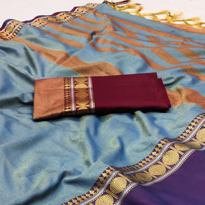 Blue Woven Cotton Silk Saree With Tassels