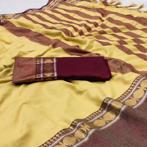 Cream Woven Cotton Silk Saree With Tassels