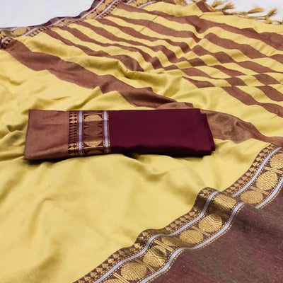 Cream Woven Cotton Silk Saree With Tassels