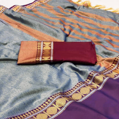 Grey Woven Cotton Silk Saree With Tassels