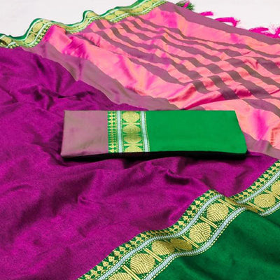 Magenta Woven Cotton Silk Saree With Tassels