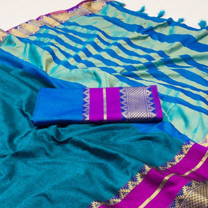 Blue Woven Cotton Silk Saree With Tassels