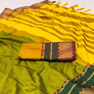 Lemon Green Woven Cotton Silk Saree With Tassels