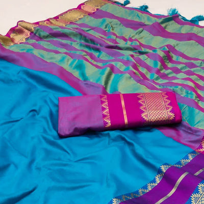 Blue Woven Cotton Silk Saree With Tassels