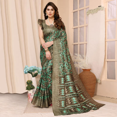 Brown Floral Printed Khaadi Saree