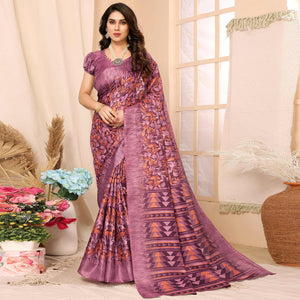 Dark Mauve Floral Printed Khadi Saree