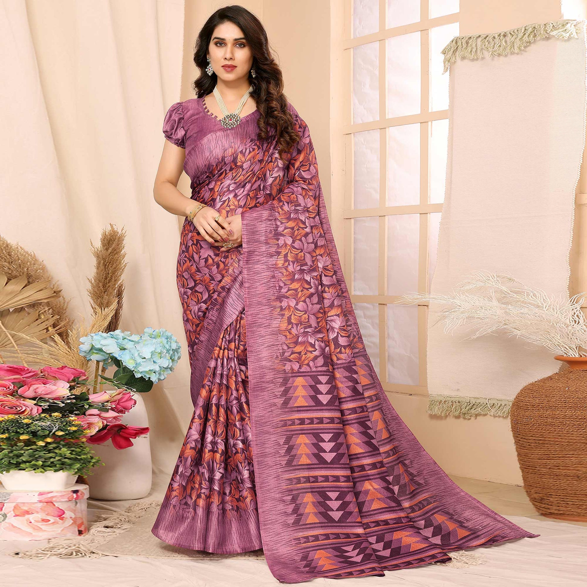 Dark Mauve Floral Printed Khadi Saree