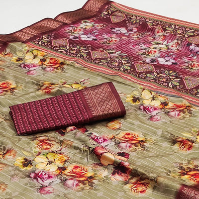 Chikoo Floral Digital Printed Cotton Silk Saree With Woven Border