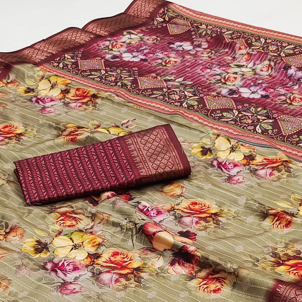 Chikoo Floral Digital Printed Cotton Silk Saree With Woven Border